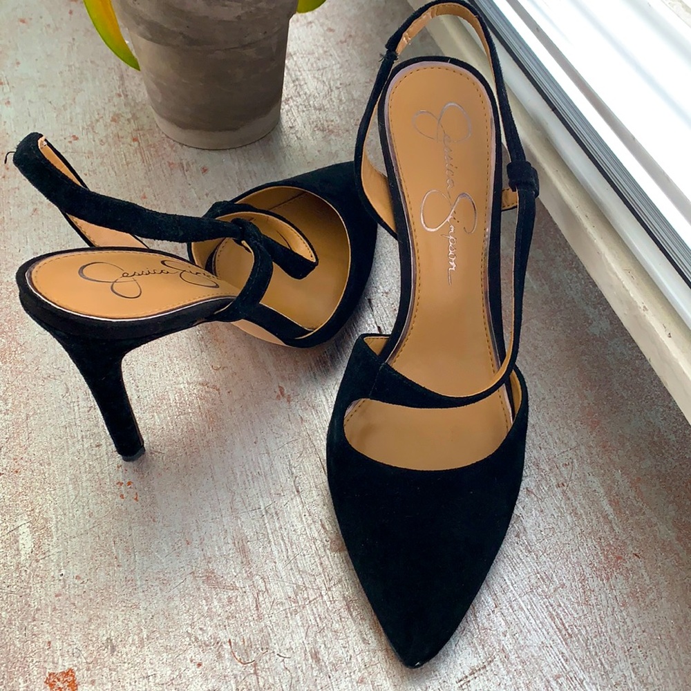 Black suede, sling back, pointed toe heels.